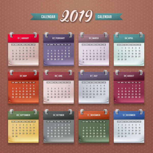 Diseño Del Calendario Mensual Pared Para 2019 Año Plantilla Impresión — Archivo Imágenes Vectoriales