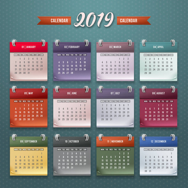 Design of wall monthly calendar for 2019 year. Print template with set of 12 month. Week starts monday. Vector.