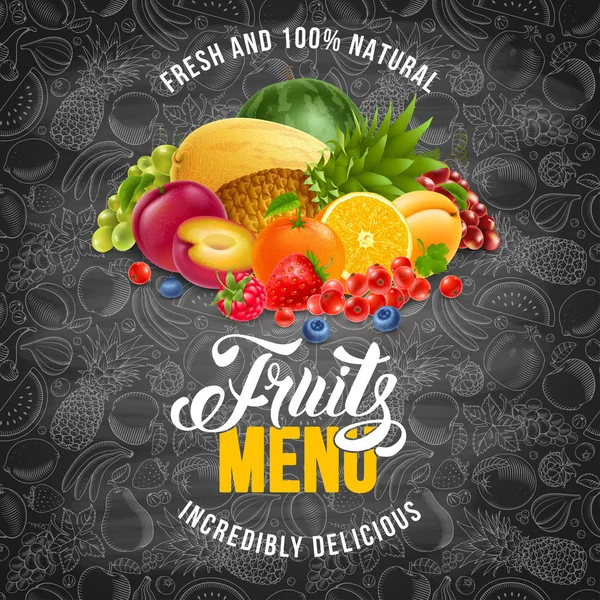 水果和浆果菜单的餐厅或咖啡馆 模板设计 在手工画涂鸦风格的无缝图案与不同的水果背景 矢量插图 — 图库矢量图片