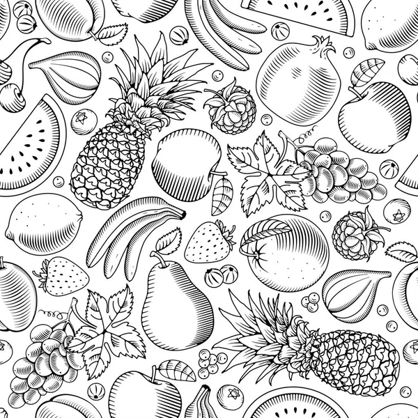 Frutas Bagas Padrão Sem Costura Mão Desenhado Doodle Estilo Gravado — Vetor de Stock