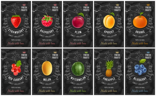 Vruchten Bessen Etiketten Instellen Met Realistische Vruchten Creatief Ontwerp Met — Stockvector