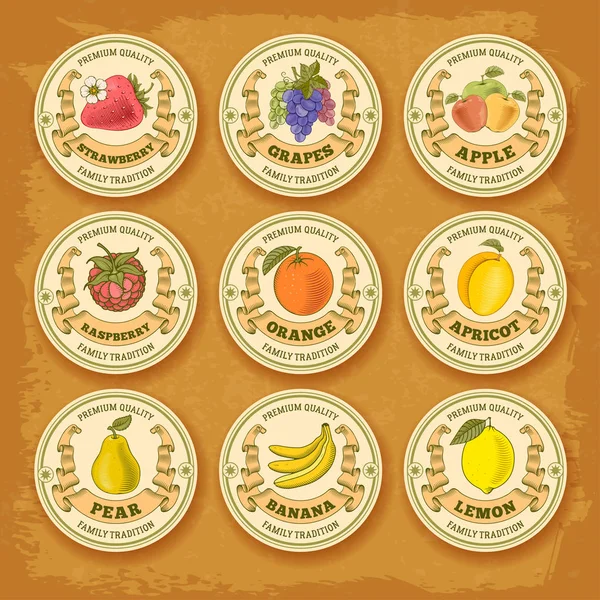 Frutta Bacche Collezione Etichette Vintage Forma Circolare Illustrazione Vettoriale — Vettoriale Stock