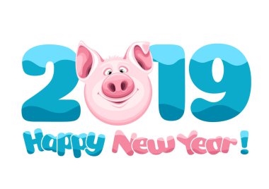 Basamak 2019 şirin eğlenceli domuz, 2019 yıl zodyak sembolü. Neşeli yazıt Happy New Year. Vektör çizim.
