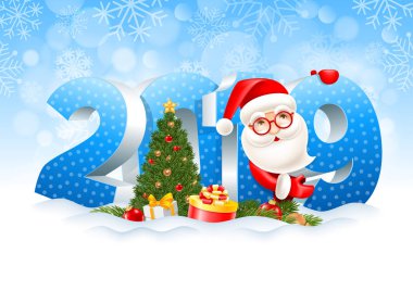 Hacimsel basamak 2019, Noel Baba, hediyeler, dalları, Noel oyuncaklar Ladin ve köknar ağacı karda dekore edilmiştir. Karlı kış arka plan. Noel ve yeni yıl festival tasarım. Vektör çizim.