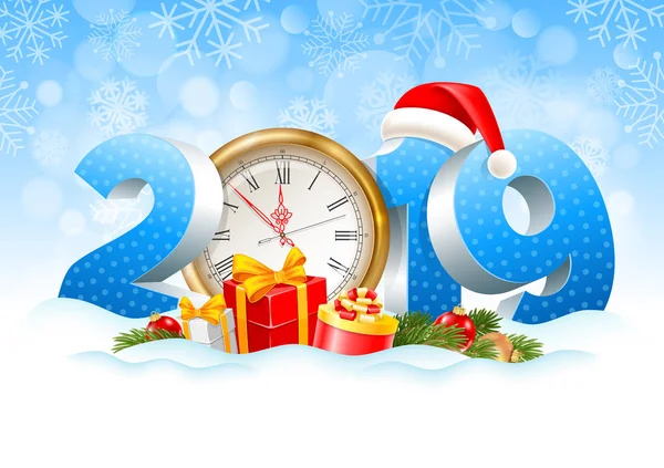 Chiffres Volumétriques 2019 Horloge Dorée Cadeaux Branches Épinette Jouets Noël — Image vectorielle