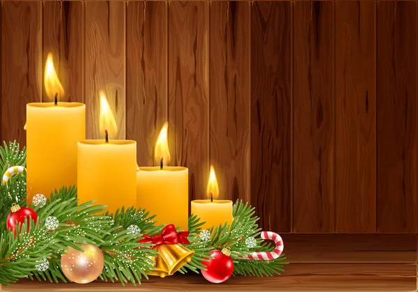 Quatro Advento Natal Queimando Velas Com Decorações Festivas Fundo Madeira — Vetor de Stock