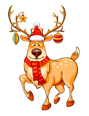 Neşeli Noel karikatür komik geyik gülümseyerek. Boynuzları Noel süslemeleri ile dekore edilmiştir. Bir eşarp giyinmiş. Vektör çizim. Beyaz arka plan üzerinde izole.