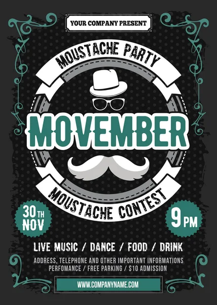 Duyuru Movember Bıyık Partiye Vintage Tarzı Tasarım Şablonu Vektör Çizim — Stok Vektör