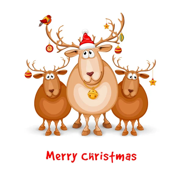 圣诞快乐 新年快乐问候设计与卡通滑稽驯鹿 喇叭装饰着圣诞装饰 向量例证 在白色背景下隔离 — 图库矢量图片