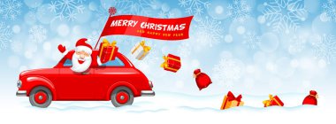 Neşeli Noel ve mutlu yeni yıl tebrik. Sevimli karakterler Santa hediyeler Kırmızı retro araba ile. Vektör çizim.