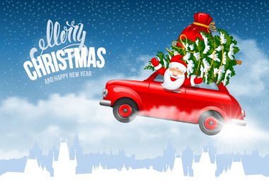 Mutlu yeni yıl ve mutlu Noeller. Neşeli Noel Baba Noel ağacı ile kırmızı bir araba ve bir kar üzerinde uçan çanta hediye cityscape kaplı. Vektör çizim.