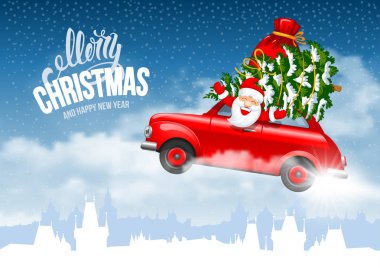 Happy New Year and Merry Christmas. Jolly Santa Claus in a red car with Christmas tree and gifts in the bag flying over a snow covered cityscape. Vector illustration. clipart
