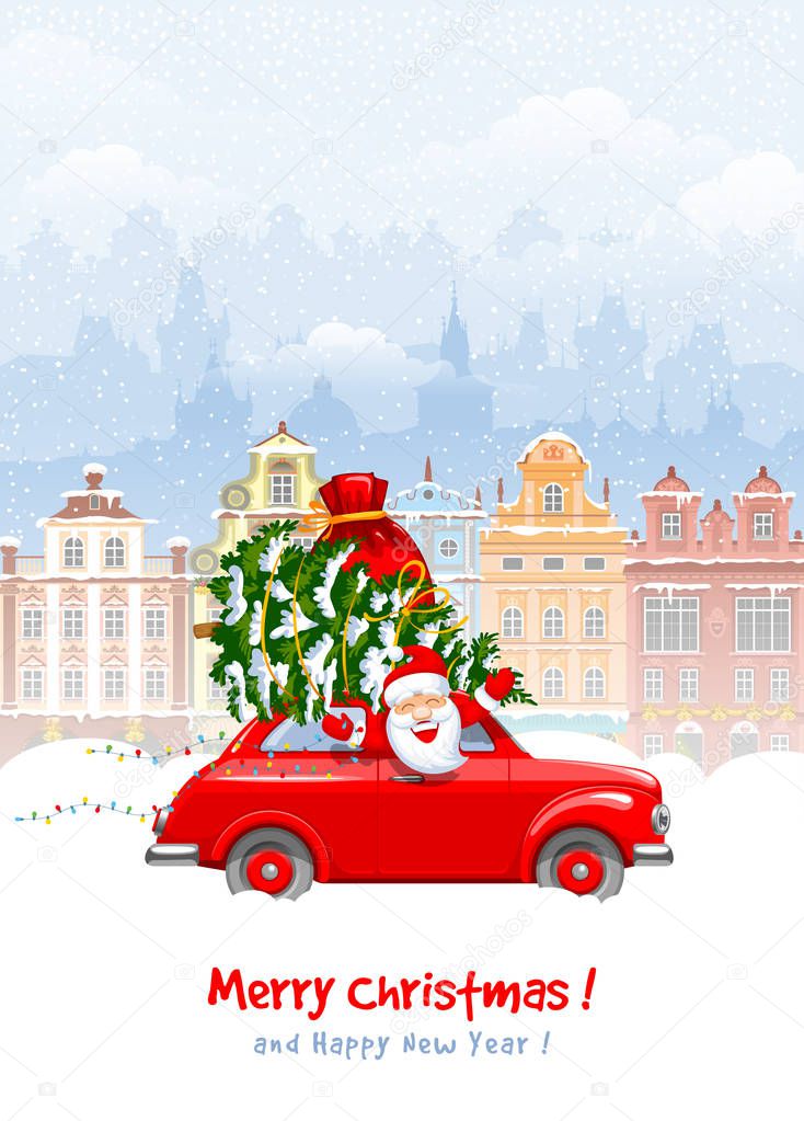 Merry Christmas and Happy New Year greeting. Cute and cheerful Santa Claus in the red retro car with a Christmas tree and gifts in a bag. Snowy cityscape on background. Vector illustration.