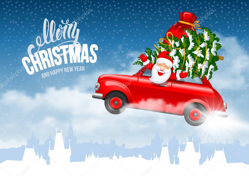 Happy New Year and Merry Christmas. Jolly Santa Claus in a red car with Christmas tree and gifts in the bag flying over a snow covered cityscape. Vector illustration.