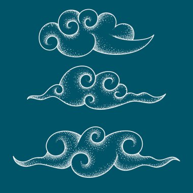 Beyaz bulutlar Çin tarzında yapılmış çizgi ve noktalar koleksiyonu. Vektör çizim.