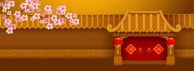 Çin yeni yılı banner şablon. Duvar ve bambu ile giriş Çince tarzı, kırmızı fener ile dekore edilmiş çatı. Çiçek açan ağaç. Çince çeviri - iyi şanslar. Vektör çizim.