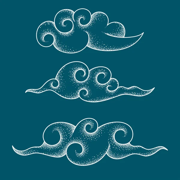 Beyaz bulutlar Çin tarzında yapılmış çizgi ve noktalar koleksiyonu. Vektör çizim.