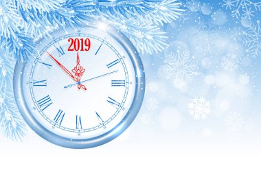 Noel ve yeni yıl geliyor. Karlı kış arka plan Noel ağacına 2019 sayılarla saat, dayan. Vektör çizim.