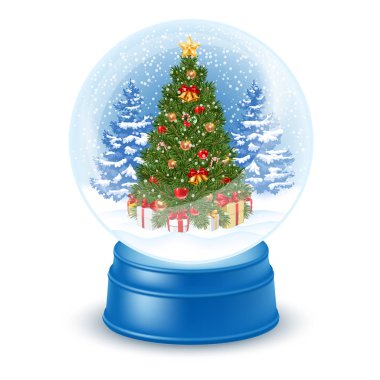 Noel ve yeni yıl sihirli kar küresi beyaz arka plan üzerinde. Noel ağacı ve karlı çam ağaçları içinde dekore edilmiştir. Vektör çizim.