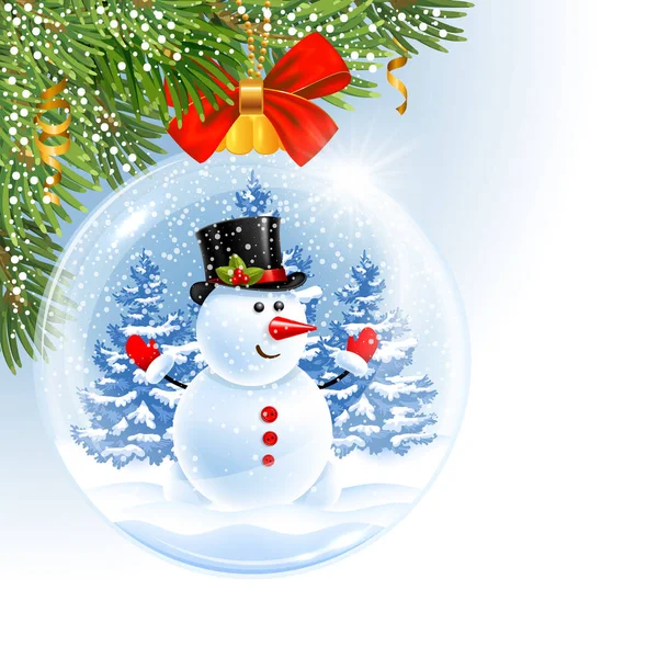 Christmas New Year Coming Glass Transparent Christmas Ball Cute Snowman — Stock Vector