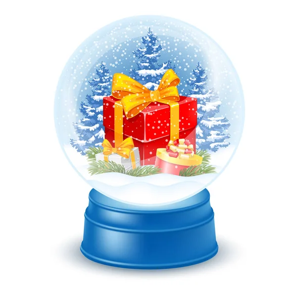 Magische Sneeuwbol Witte Achtergrond Kerst Nieuw Jaar Geschenkdozen Binnen Sneeuw — Stockvector