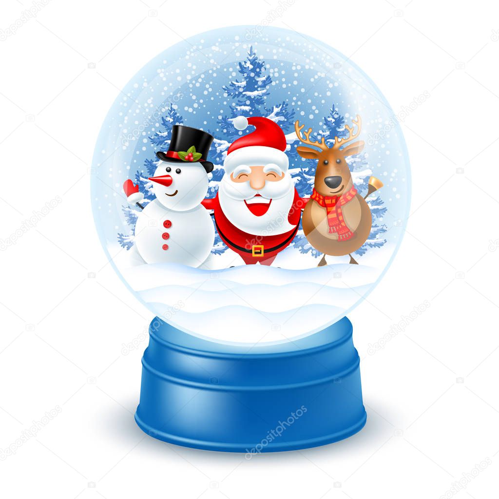 Magic snow globe on white background. Cute and cheerful Christmas company Santa Claus, snowman and reindeer inside on fir trees background. Vector illustration.
