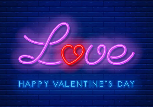 Neon Word Love Letter Stylized Heart Shape Dark Brick Wall — Stock Vector