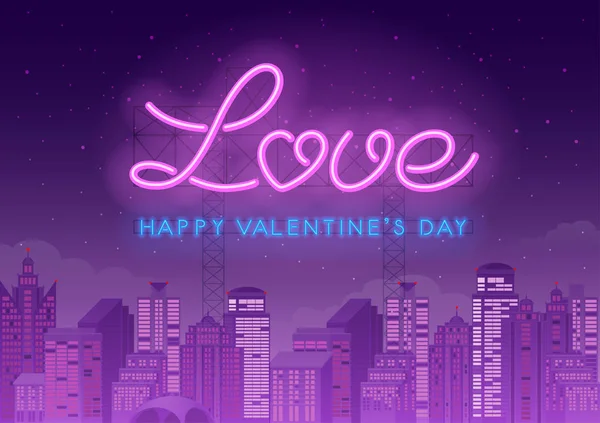 Billboard Neon Word Love Letter Stylized Heart Shape Night Cityscape — Stock Vector