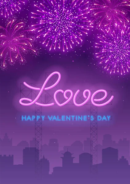 Billboard Neon Word Love Letter Heart Shape Night City Background — Stock Vector