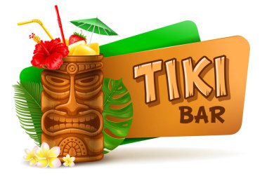 Tropikal soğuk Tiki içki kokteyl serinletici. Tiki Bar etiket. Vektör çizim. Beyaz arka plan üzerinde izole.