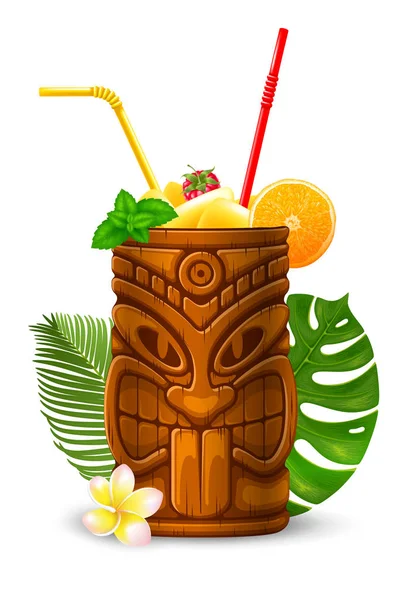 Refrescante Tropical Cold Tiki Beber Cocktail Ilustração Vetorial Isolado Fundo — Vetor de Stock