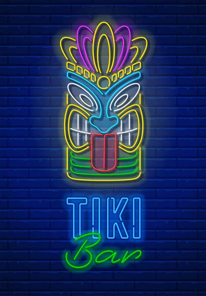 Tiki Bar Neon Uithangbord Met Tiki Masker Baksteen Muur Achtergrond — Stockvector