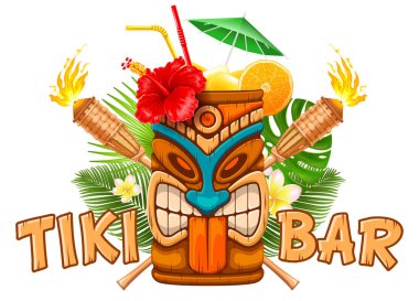 Kupa Tiki maske, bambu meşale ve tropik bitkiler ile egzotik kokteyl ile tabela Tiki Bar. Hawaiian geleneksel öğeleri. Beyaz arka plan üzerinde izole. Vektör çizim.