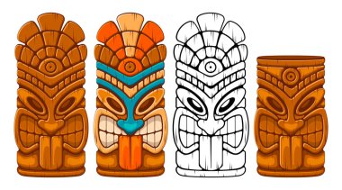 Tiki kabile ahşap maske set ve Tiki kupa. Hawaiian geleneksel öğeleri. Renkli, ahşap ve siyah-beyaz siluet. Beyaz arka plan üzerinde izole. Vektör çizim.