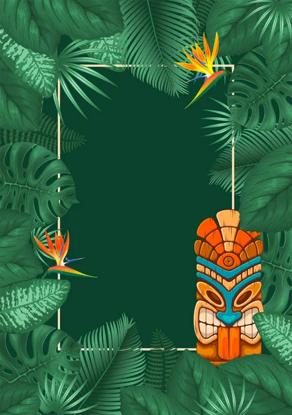 Diseño Fondo Tropical Verano Con Marco Para Texto Máscara Tribal — Vector de stock