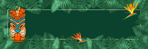 夏季热带背景设计与框架为您的文本 Tiki 面具和异国情调的叶子和鲜花 向量例证 — 图库矢量图片