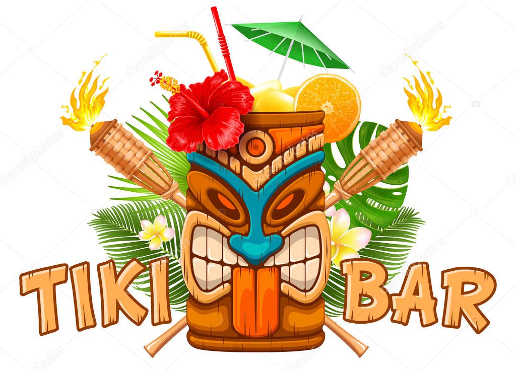 Signboard of Tiki Bar with exotic cocktail in mug with Tiki mask, bamboo torch and tropical plants. Hawaiian traditional elements. Isolated on white background. Vector illustration.