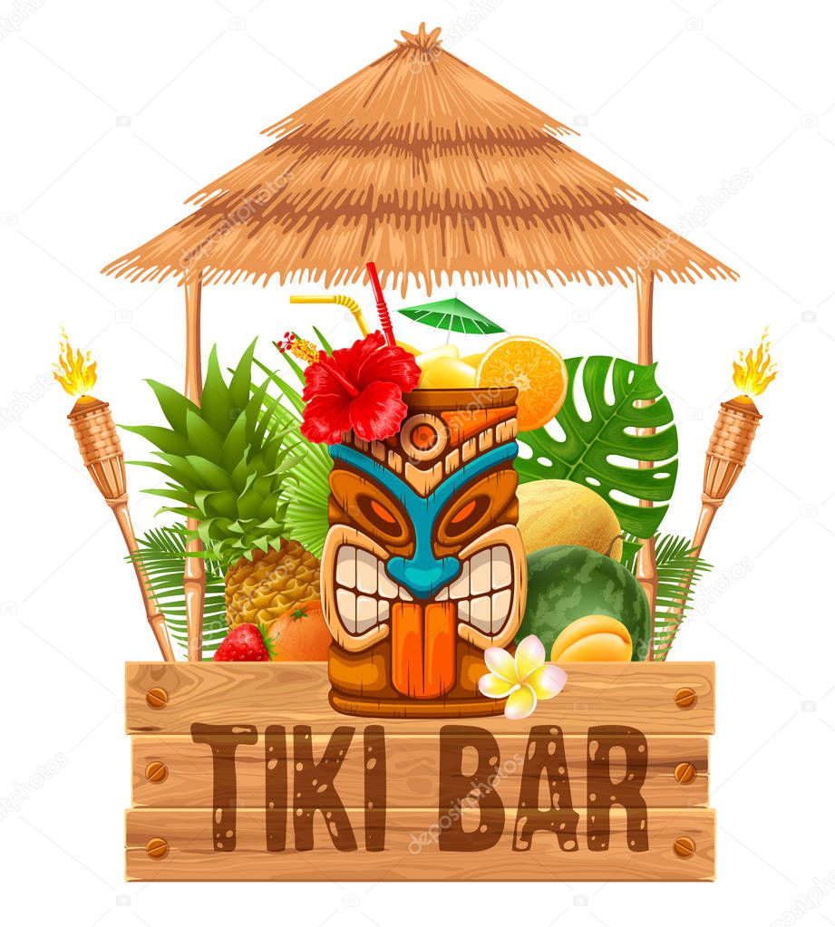 Signboard of Tiki Bar with exotic cocktail in mug with Tiki mask, bamboo torch and fruits. Hawaiian traditional elements. Isolated on white background. Vector illustration.