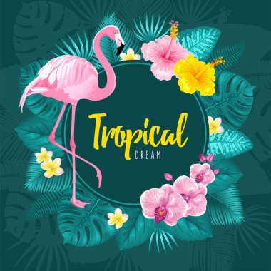 Summer tropical round design for banner or flyer with pink flamingo, exotic leaves and flowers. Vector illustration.  clipart