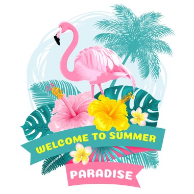 Yaz tropikal hoş geldiniz etiket tasarımı pembe flamingo ile egzotik yapraklar ve çiçekler. Vektör çizim karikatür. 