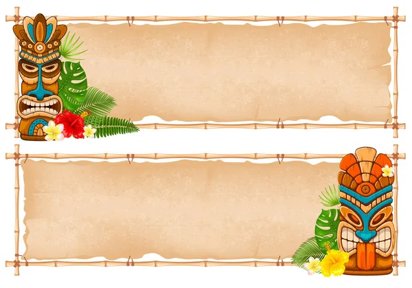 Sommer Tropisches Bambusrahmendesign Mit Tiki Maske Exotischen Blättern Und Blumen — Stockvektor