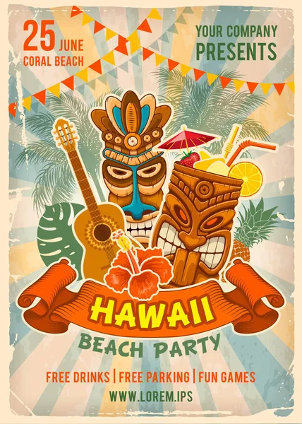 Modelo Cartaz Vintage Para Festa Estilo Havaiano Máscara Tiki Coquetel — Vetor de Stock