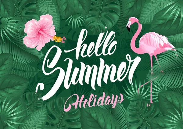 Hello Summer Tropical Welcome Design Pink Flamingo Exotic Leaves Flowers — Stock Vector