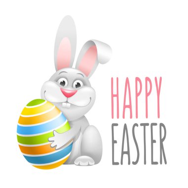 Paskalya tatili için sevimli tasarım öğeleri. Komik Tavşan renkli yumurta tutun. Beyaz arka plan üzerinde izole. Vektör çizim.  