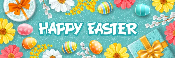 Diseño Saludo Para Vacaciones Pascua Regalos Lindos Huevos Colores Ramas — Vector de stock