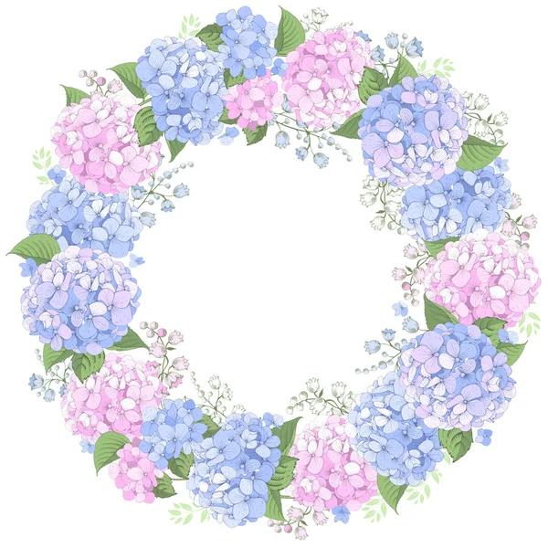 Blommig cirkel ram med Hydrangea blommor — Stock vektor