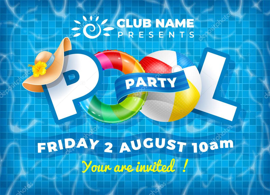 Vector bright and fun advertising poster template for pool party. Colorful swimming ring, beach ball and letters float on crystal clean water with sunny highlights. Pool tile texture on background.