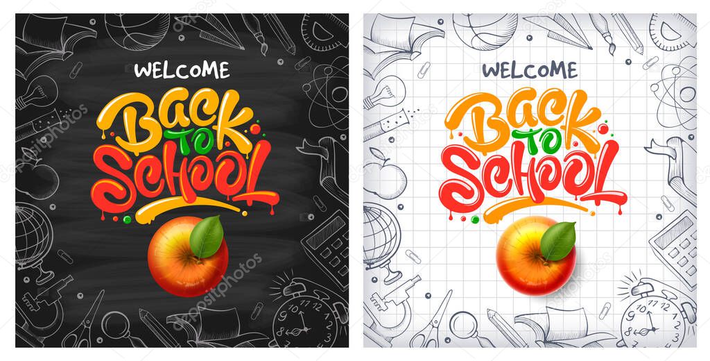 Back to School backgrounds with red apple and lettering Back to school. Handwritten education subjects in doodle style as frame around. Chalkboard and checkered paper on backdrop. Vector illustration.