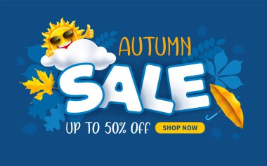 Advertising banner about autumn sale. Expressive lettering, smiling sun peeps out of the cloud, autumn falling leaves and button for shop now on classic blue background. Vector illustration. vector Advertising banner about autumn sale. Expressive lettering, smiling sun peeps out of the cloud, autumn falling leaves and button for shop now on classic blue background. Vector illustration. vector
