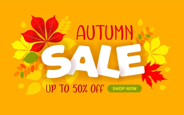 秋の販売についての広告バナー 明るい黄色の背景に今店のための表現のレタリング 秋の落下葉やボタン 漫画風 ベクターイラスト — ストックベクタ